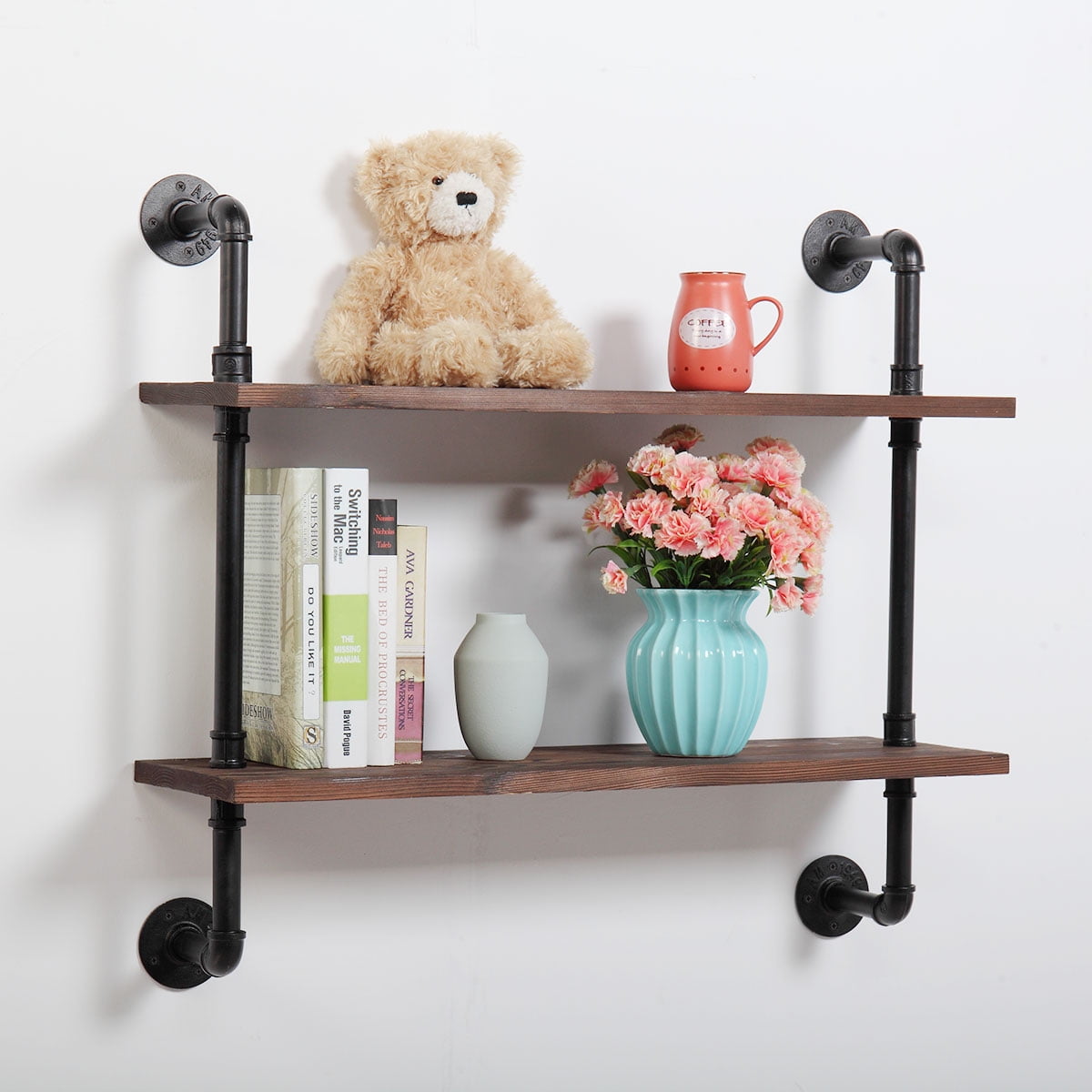 Kepooman Industrial Wall Mounted 2-Tier Pipe Shelving, Home Decor Wooden Floating Shelves Kepooman Industrial Wall Mounted 2-Tier Pipe Shelving, Home Decor Wooden Floating Shelves