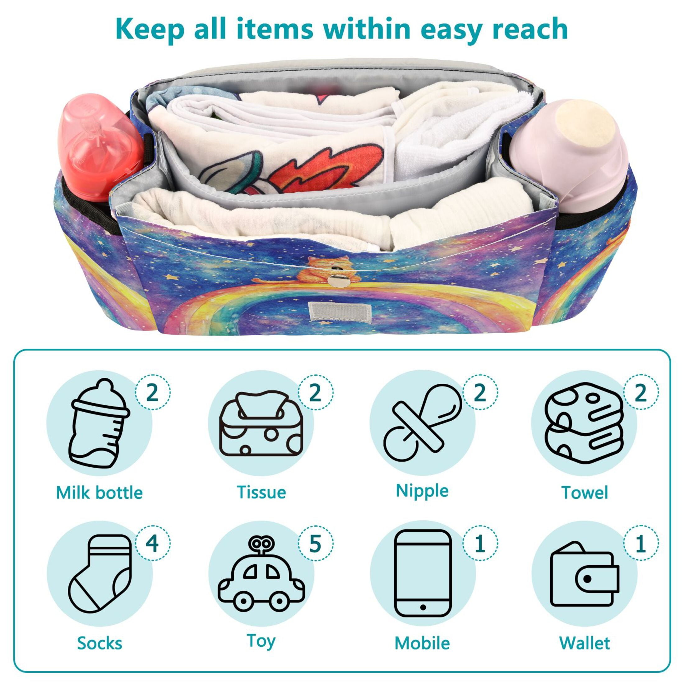 DIXRUYEE Stroller Organizer Joyful Ginger Cat in Space Printed