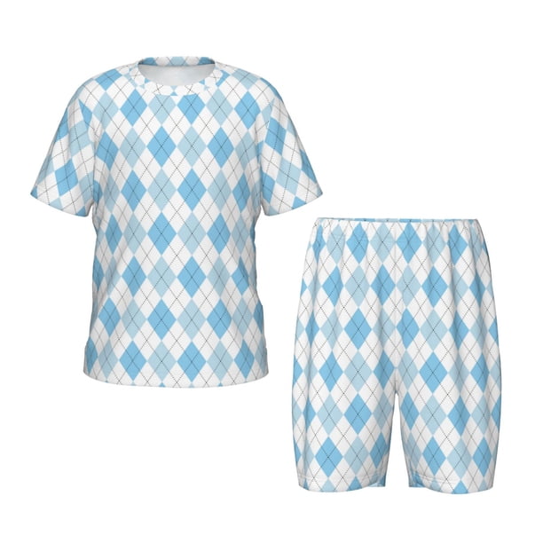 Balery Blue and White Squares Conjunto de Pijama Infantil de Manga Corta con Estampado – Ropa de Dormir de Algodón Suave-Medium