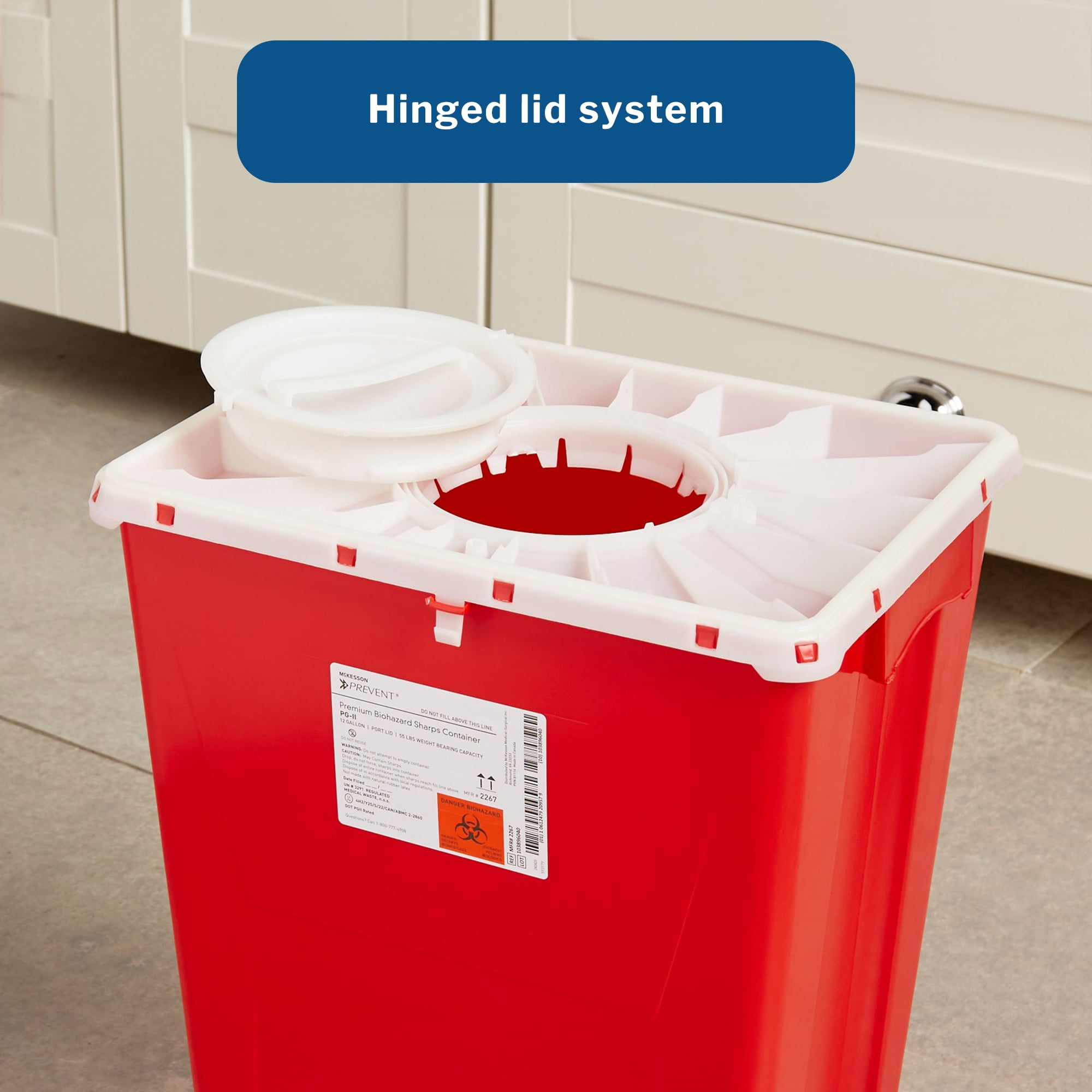 McKesson Prevent Biohazard Sharps Container, Premium - PG-II, Plastic, Vertical Entry, Rotating Lid - Red, 12 gal, 13 in x 17 3/10 in x 20 4/5 in, 1 Ct