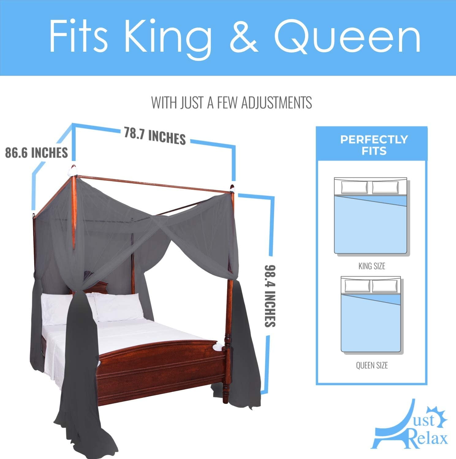 Just Relax Four Corner Post Elegant Mosquito Net Bed Canopy Set, Black, Full-Queen-King