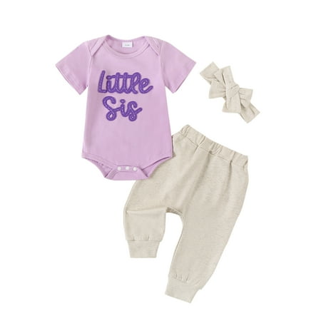 

Baby Girl Little Sister Romper Lil Sis Short Sleeve T-shirt Bobysuit Pants Headband 3pcs Summer Infant outfits