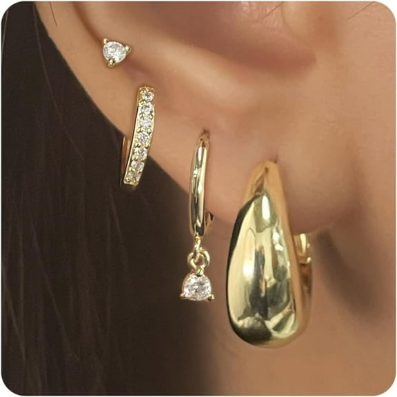 XBage 4 Pairs Gold Hoop Earrings Set For Women, Dainty 14K Gold Plated Small Huggie Stud Earrings Hypoallergenic Dangle Cartilage Huggie Hoop Earrings For Multiple Piercings[H2175]