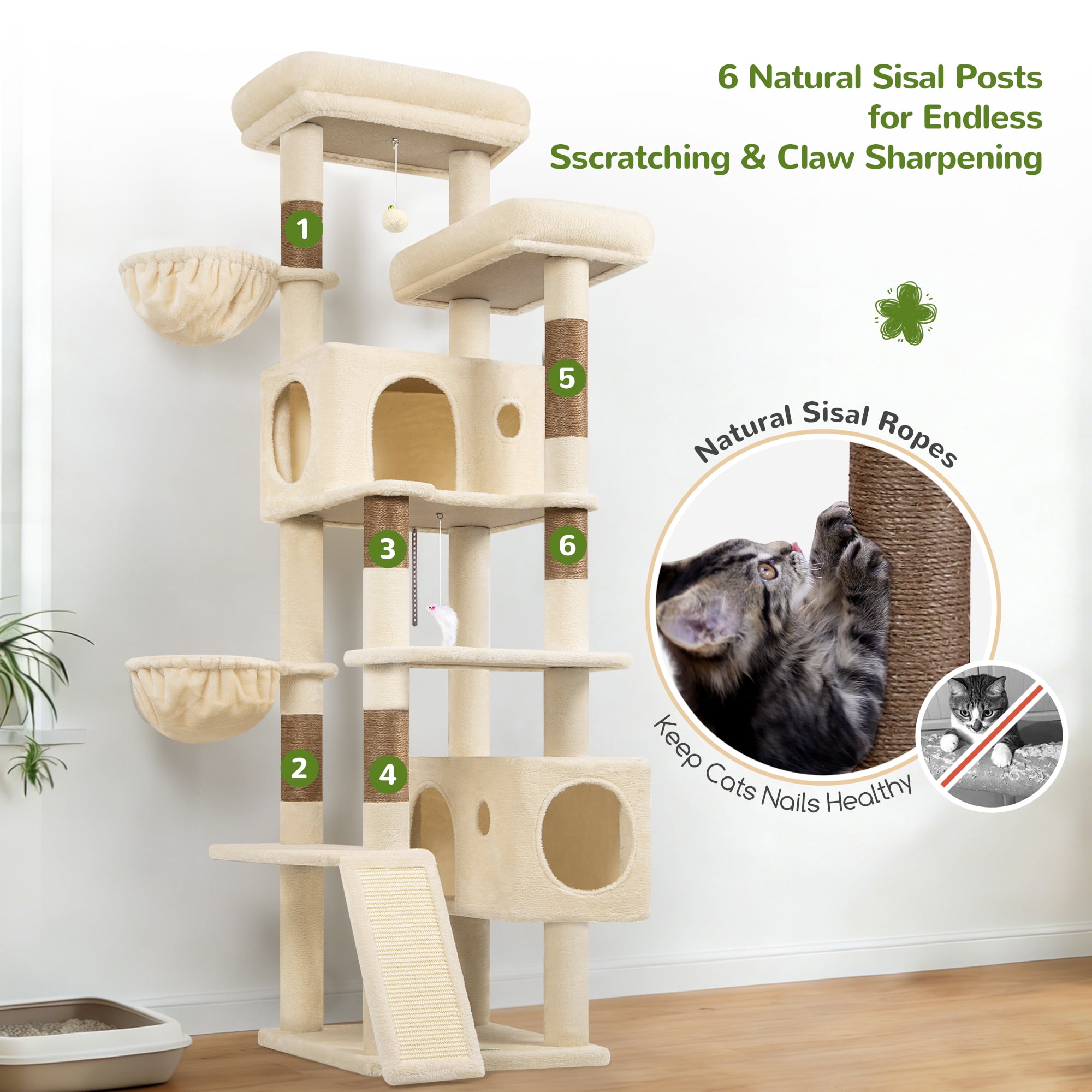 Globlazer 77" Large Cat Tree and Tower Condo for Indoor Cats with Sisal Scratching Posts, Condos, Hammock & Hammock, Beige