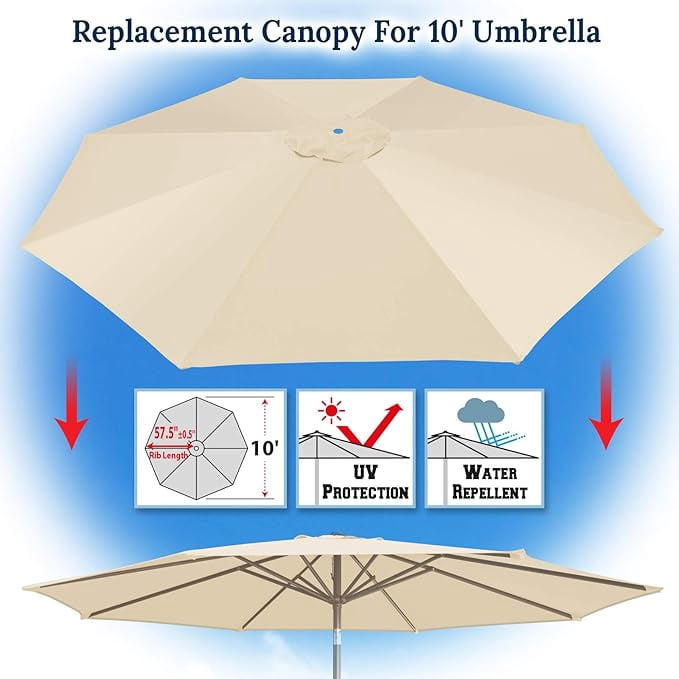 ALUVIERA 10' Umbrella Canopy Top Cover Patio Replacement Top Cover 8 Ribs Outdoor Sunshade