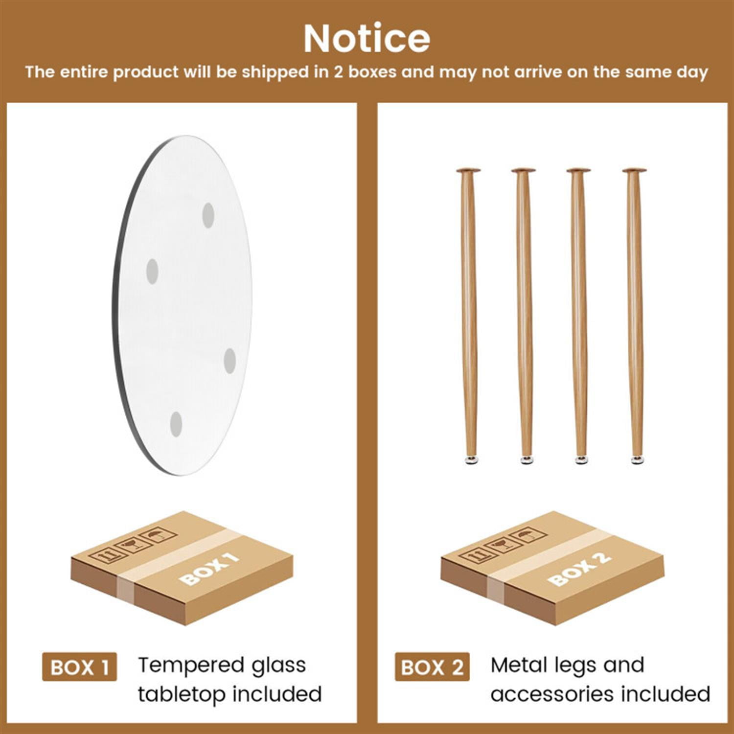 Demi Bonn Round Glass Dining Table Leisure Coffee Table with Metal Legs for Dining Room, Dinette, Compact Space-Saving, Natural