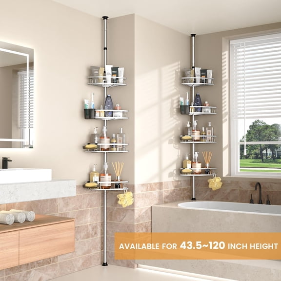 Tension Pole Shower Caddy Corner: Adjustable 4-tier Bathroom Organizer Shelves - Rustproof Bathtub Shampoo Rack 43.5-120 inch