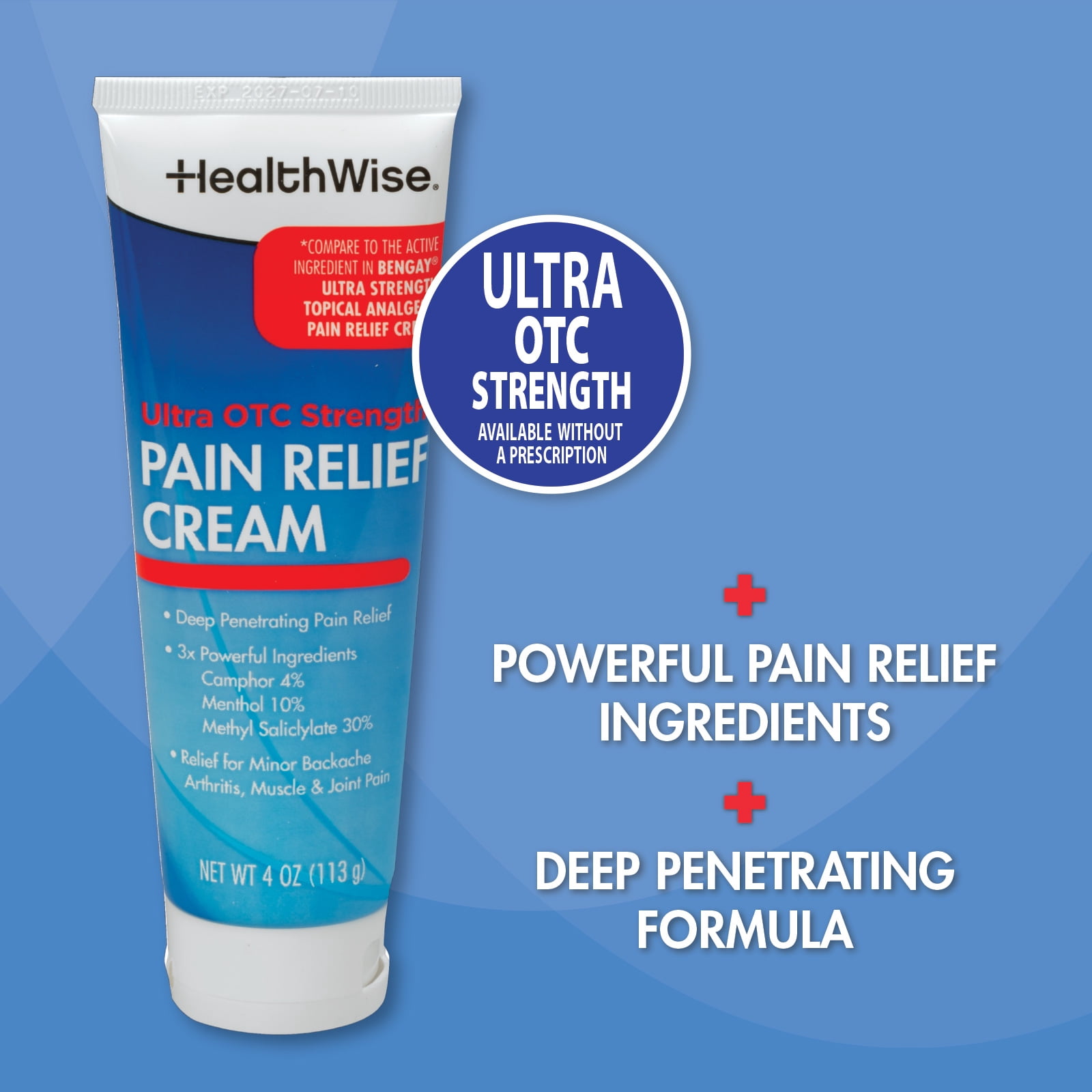 HealthWise Pain Relief Cream | Ultra OTC Strength | 4% Camphor + 10% Menthol + 30% Methly Saliclylate | Non-Greasy Formula | 4.0 Oz | Topical Analgesic