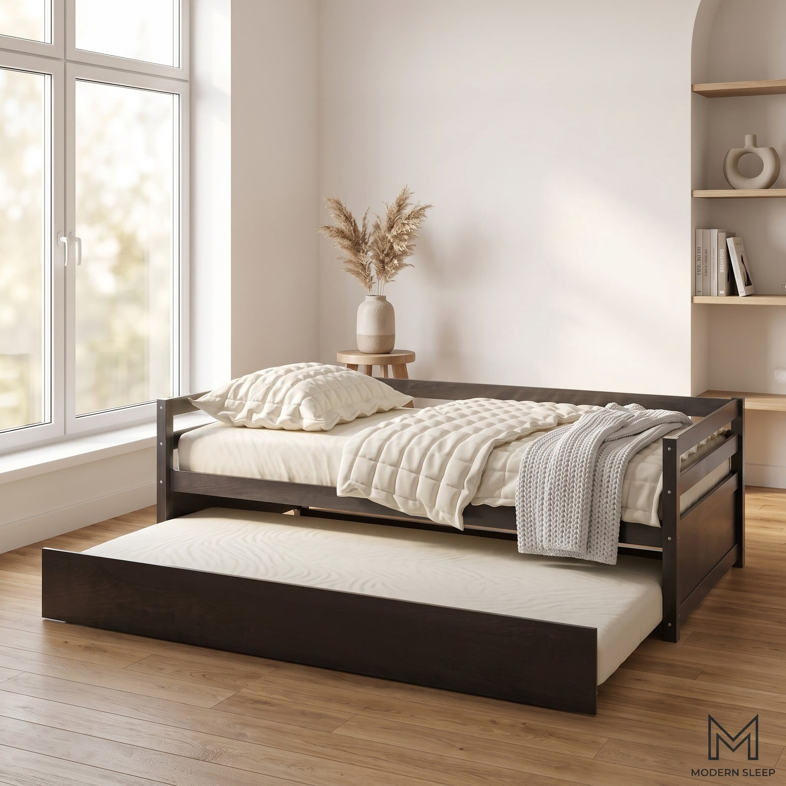 Furnibear Twin Daybed Frame with Pull Out Trundle and Wooden Slat Support and Side Rails for Bedroom and Guest Room, Dark Brown