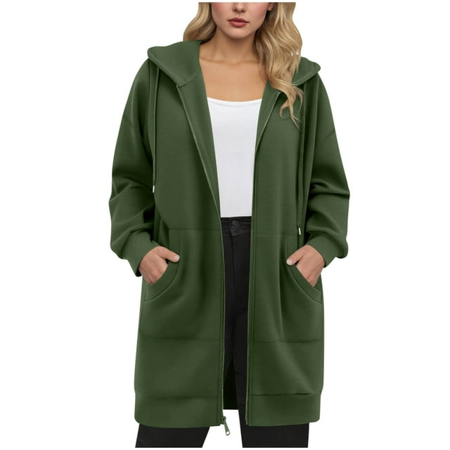 Besolor Womens Plus Size Zip up Hoodies Drawstring Long Sleeve Tunic Sweatshirt Casual Long Jacket with Pockets