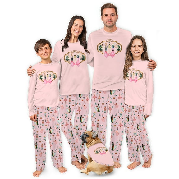 Pink Nutcracker Ballet Christmas Pajamas, Elegant Long Sleeve Matching Family Holiday Sleepwear, Cotton Blend