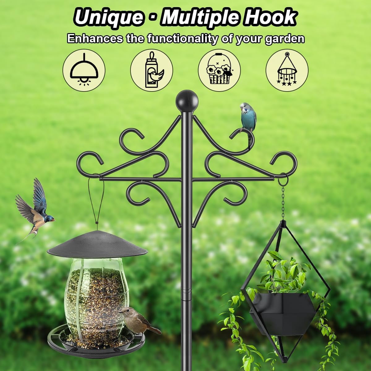 KOLAKO Bird Feeder Pole, 76 inch Shepherds Hook Crook, Wild Bird Feeding Station Heavy Duty Metal Stand Free Standing for Garden Lights Lantern, Plan Basket