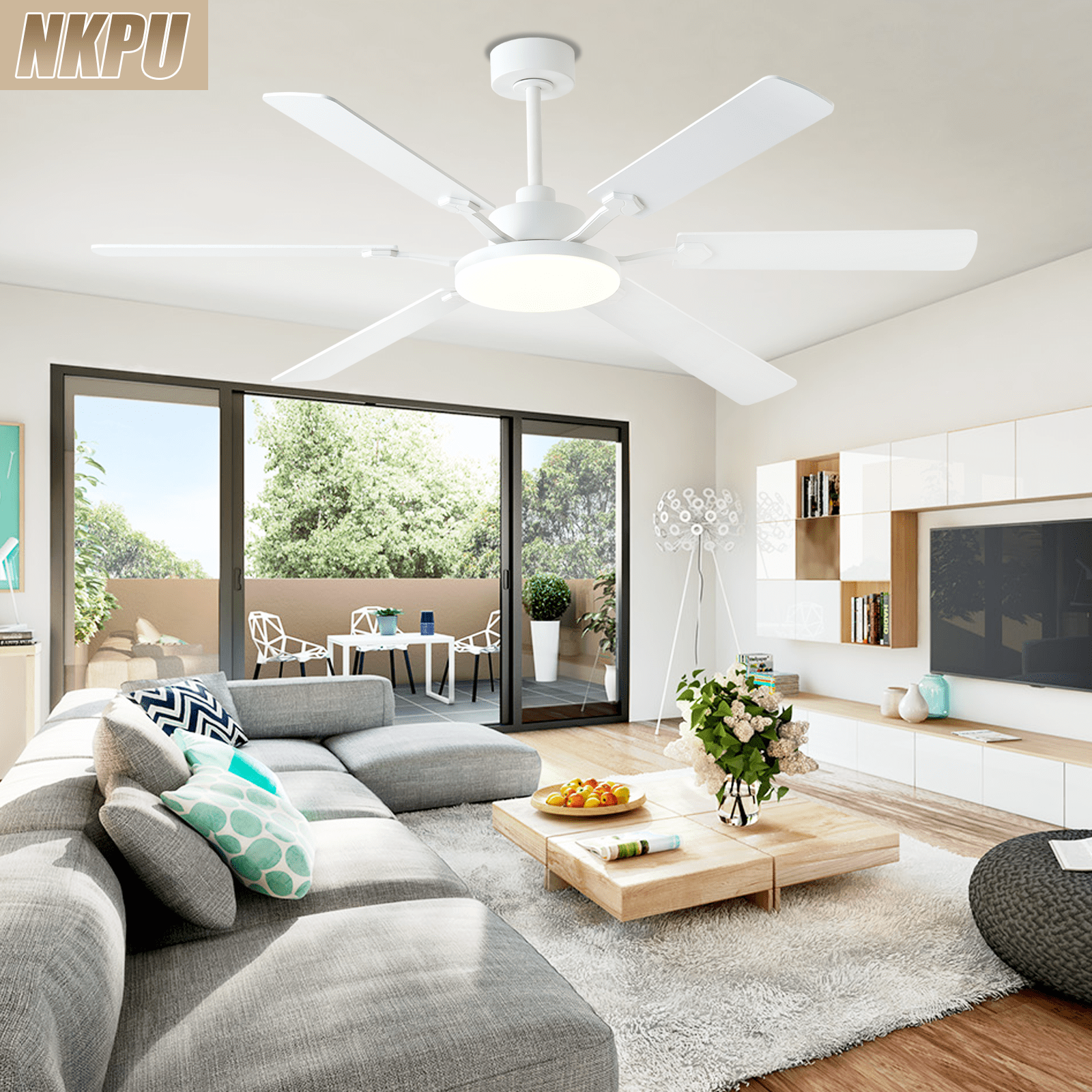 60 Inch Ceiling Fans with Lights, Large Modern White Ceiling Fan with Light and Remote Control, 6 Double Sided Blades, 6 Speed Reversible Motor, Dimmable LED, Silent Timing, Indoor Outdoor Patio Use