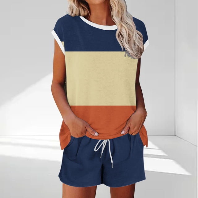 Karight Womens Two Piece Crew Neck Short Sets Cap Sleeve Drawstring Spring Summer Sweatsuit with Pocket Beach Vacation