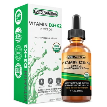 USDA Organic Vitamin D3   K2 (MK-7) Sublingual Liquid Drops with MCT Oil | Peppermint Flavor | Helps Support Strong Bones and Healthy Heart, Boost Immune System