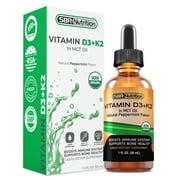 USDA Organic Vitamin D3 + K2 (MK-7) Sublingual Liquid Drops with MCT Oil | Peppermint Flavor | Helps Support Strong Bones and Healthy Heart, Boost Immune System
