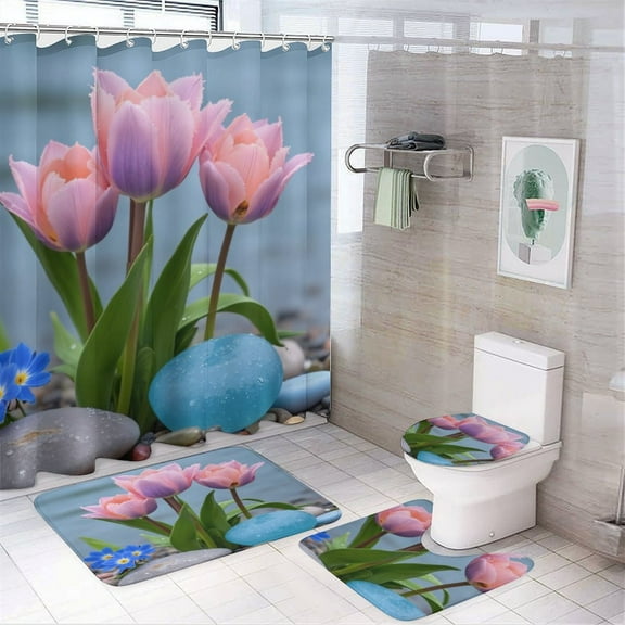 Tulips And Stones by Water Shower Curtain Waterproof Bathroom Curtain Set with Hooks Home Decor Bathroom Curtains 4pcs