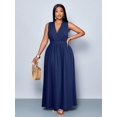 thumbnail image 4 of Plus Size Navy Blue Solid Cross Deep V-Neck A-Line Maxi Dress Loose Flowy Casual Everyday Wear, 4 of 7