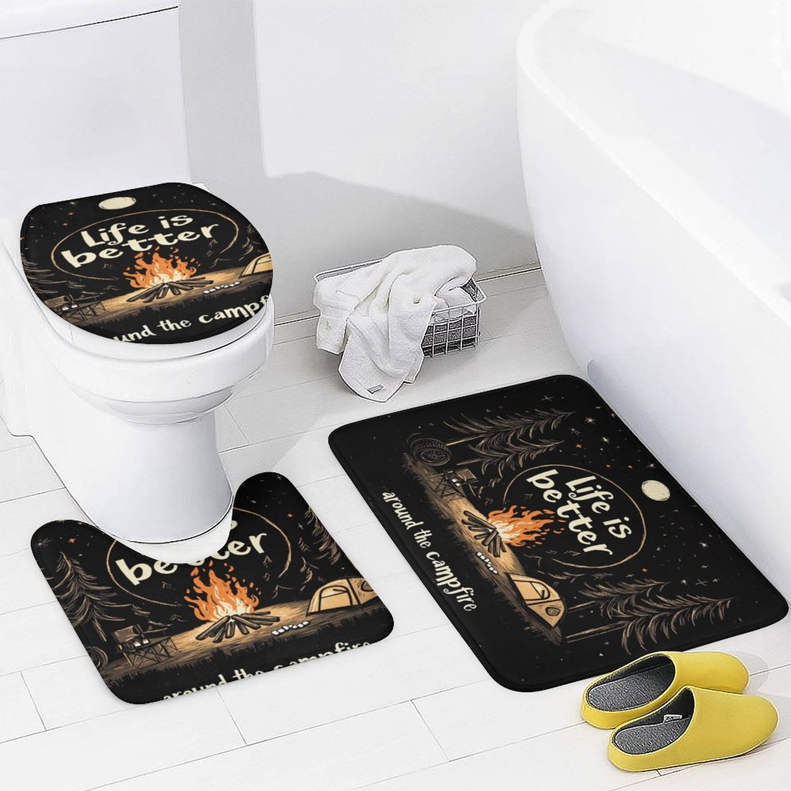 4 Piece Bathroom Shower Curtain Sets with Rugs Include Waterproof Shower Curtain Non-Slip Rug Toilet Lid Cover Bath Mat Life Is Better Around The Campfire Durable and Waterproof Forest Wildlife