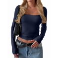thumbnail image 3 of Women Long Sleeve T Shirts Scoop Neck Slim Fit Going Out Tops Basic Tee Dark Blue S, 3 of 8