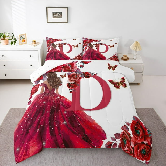 Erosebridal Ensemble de Literie Romantique Monogrammé D, Ensemble de Couette Princesse Rêveuse Taille Complète, Couette Réversible Rose Rouge, Décoratif Respirant pour Chambre, 3 Pcs