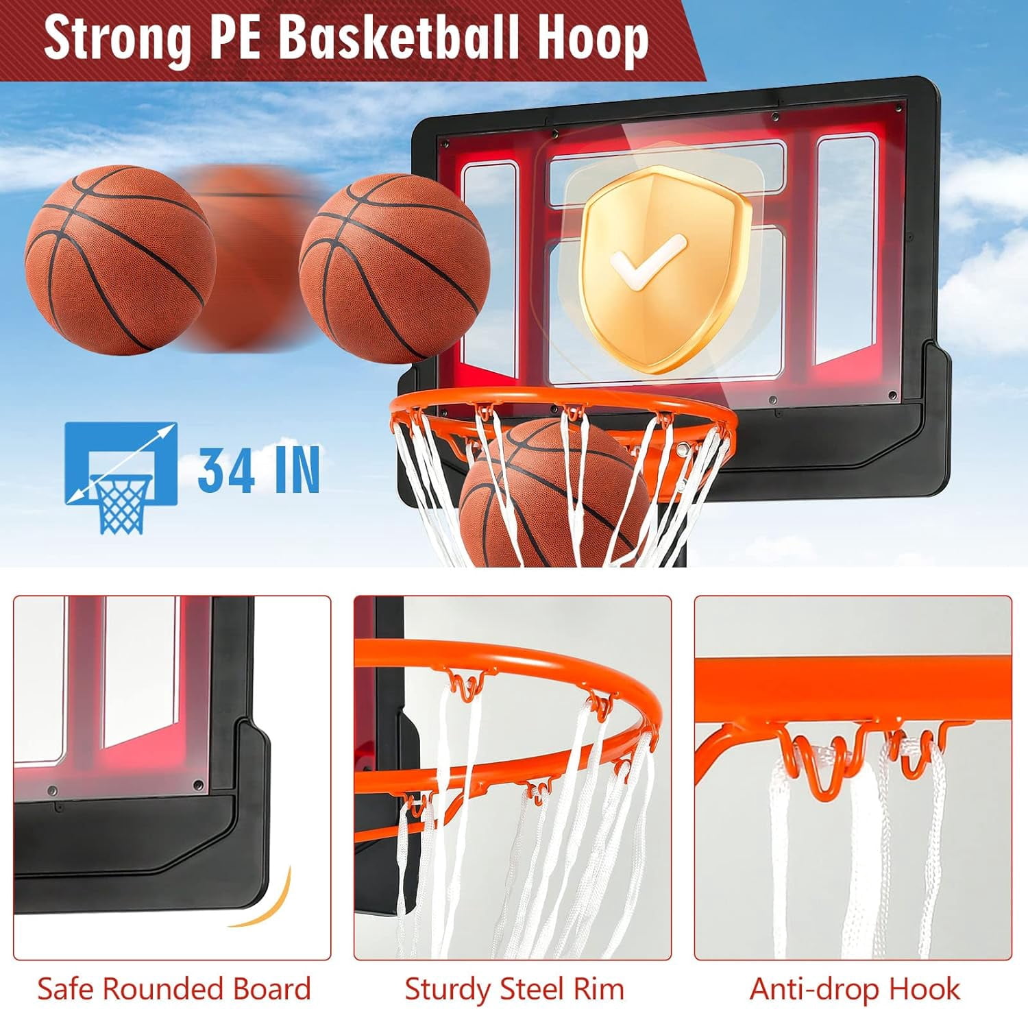 Happyyeah Portable Basketball Hoop, Basketball Goal w/4.3 FT-8.2 FT Adjustable Height, Ball Storage, Indoor Outdoor Weather-Resistance Basketball Hoop System for Outside Backyard, Driveway