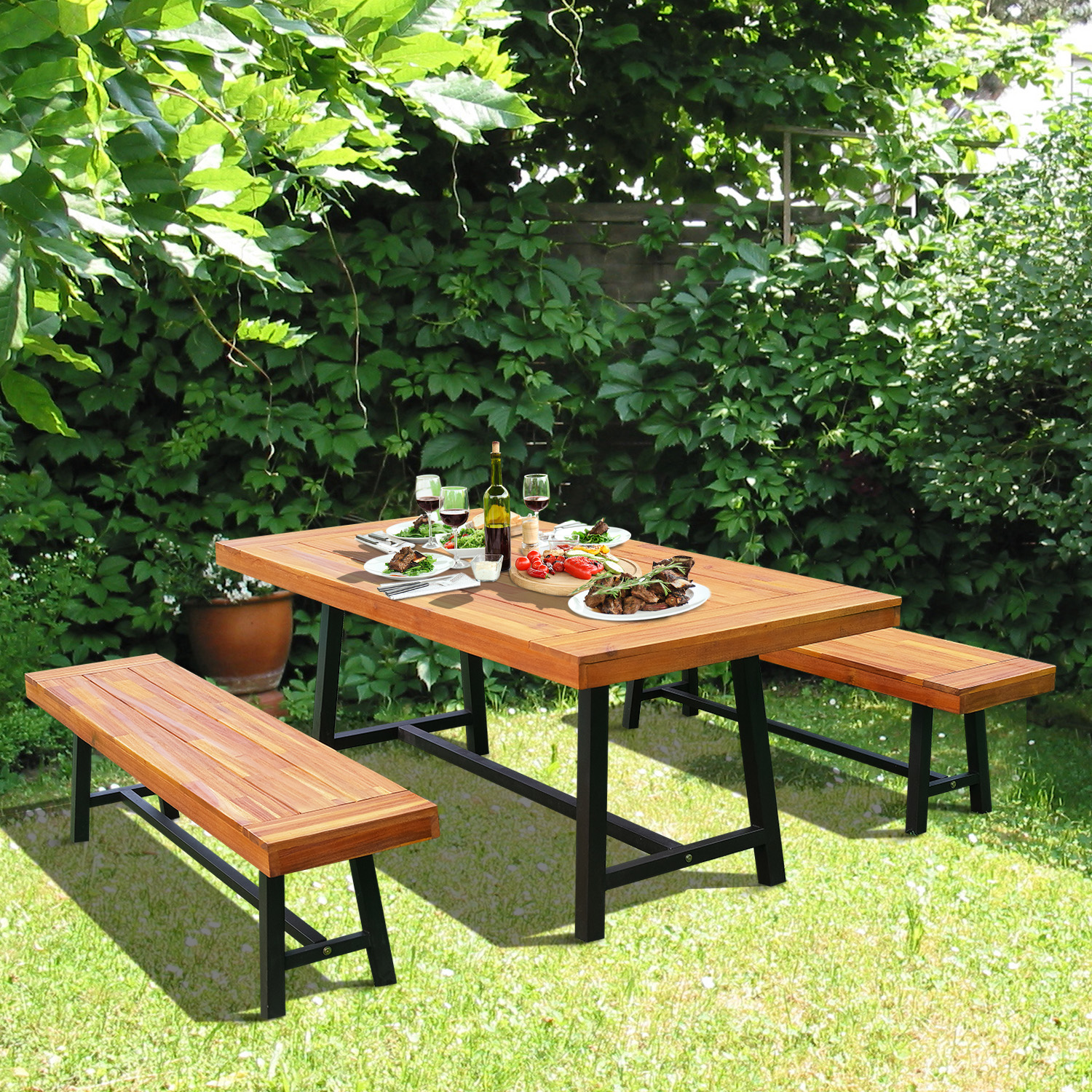 Outsunny 71'' Rustic Acacia Wood Outdoor Picnic Table and 63" Bench Seat Set - Natural Red Wood - image 2 of 6