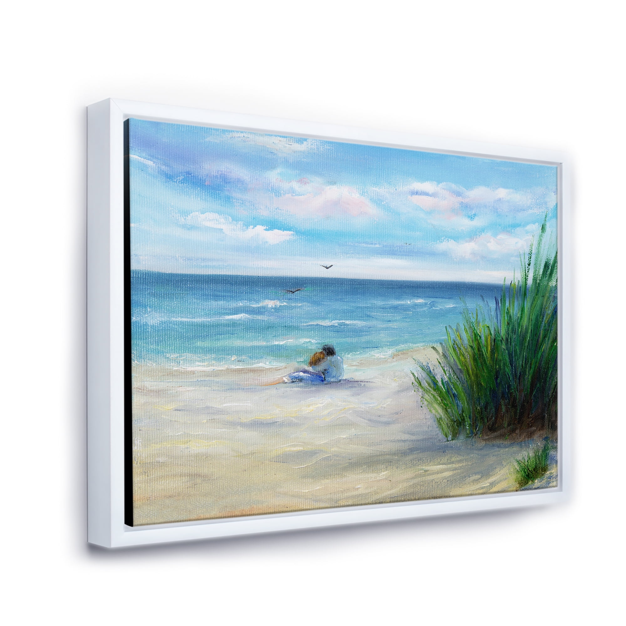 Designart 'Couple Sitting In Love By The Beach' Nautical & Coastal Framed Canvas Wall Art Print