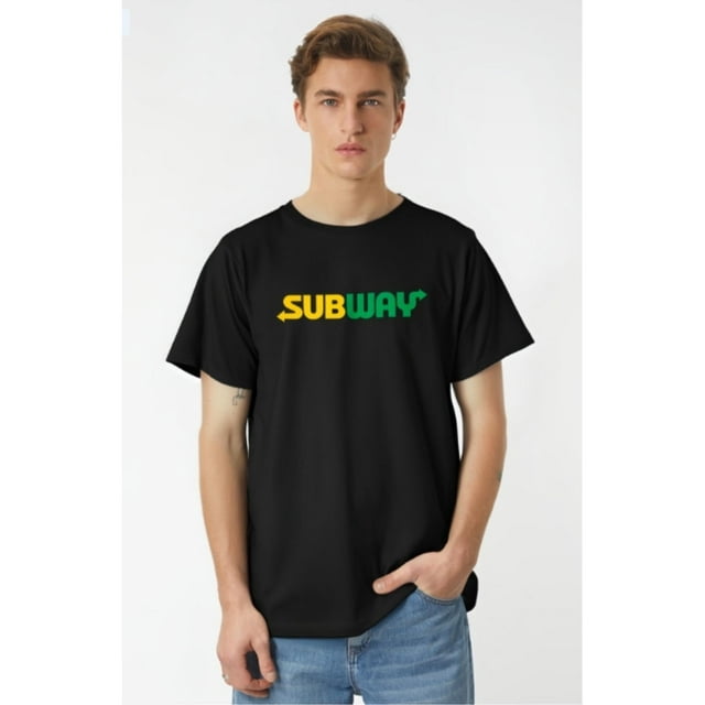 SUBWAY Men's Classic Black Cotton T-Shirt - 180G, Casual Crew Neck with Vibrant Green & Yellow Graphic Print, Short Sleeve, Machine Washable for All-Season Comfort