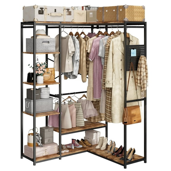 Amisted Heavy Duty Clothes Rack, Clothes Hangers with 6 Shelves & 3 Hanger Rods for Bedroom, Industrial Metal Closet Organizer for Hanging Clothes, 1000LBS Load, Black