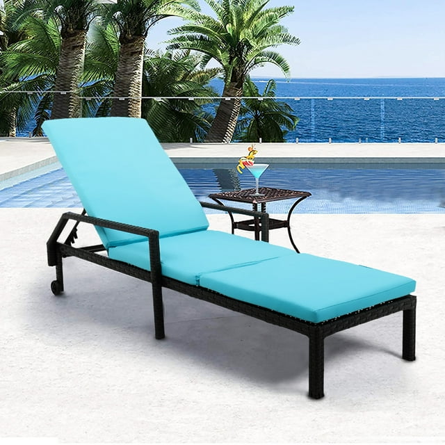 Outdoor Patio Furniture Set Chaise Lounge, Patio Reclining Rattan Lounge Chair Chaise Couch Cushioned with Adjustable Back, 2 Wheels, Outdoor Lounger Chair for Poolside Garden Beach, 1PC, Q17040