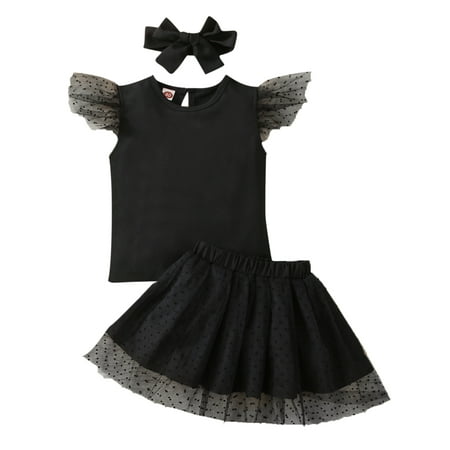 

Suanret Toddler Kid Girls 3Pcs Sets Patchwork Fly Sleeve Round Neck T-shirt + Elastic Waist Dots Lace Mesh Skirt + Headband Black 4-5 Years