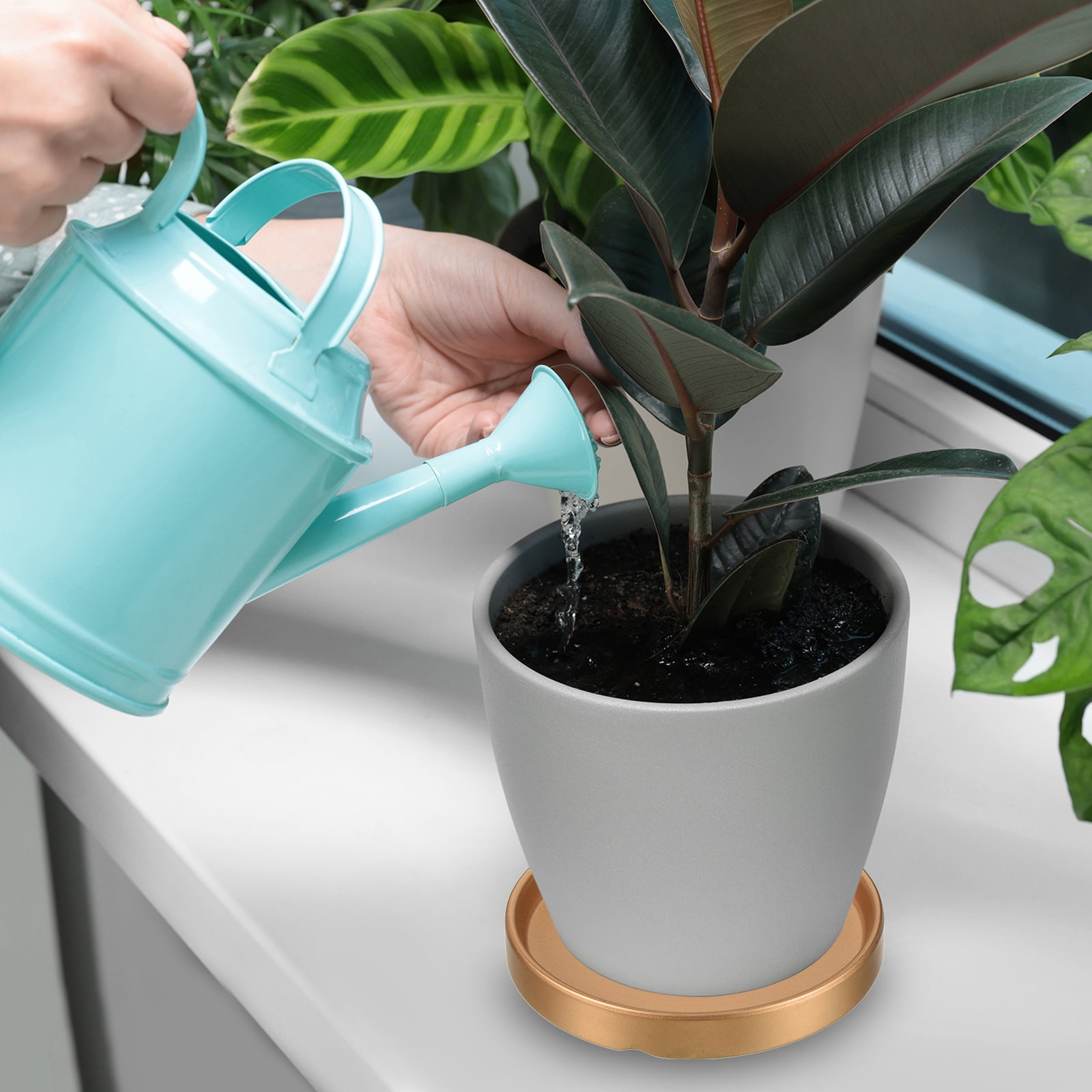 Plant Pot Saucers 6.3 Inch, Ceramic Square Flower Tray for Indoor, Black 2 Pack