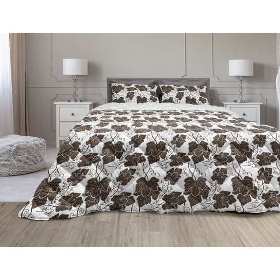 Leaves Comforter & Sham Bedding Set, Continuous Symmetric and Detailed Leaves with Curly Leafstalk Patterns Graphic, 3 pcs Duvet Set Microfiber Filling Quilt, 5 Sizes, Brown and White, by Ambesonne