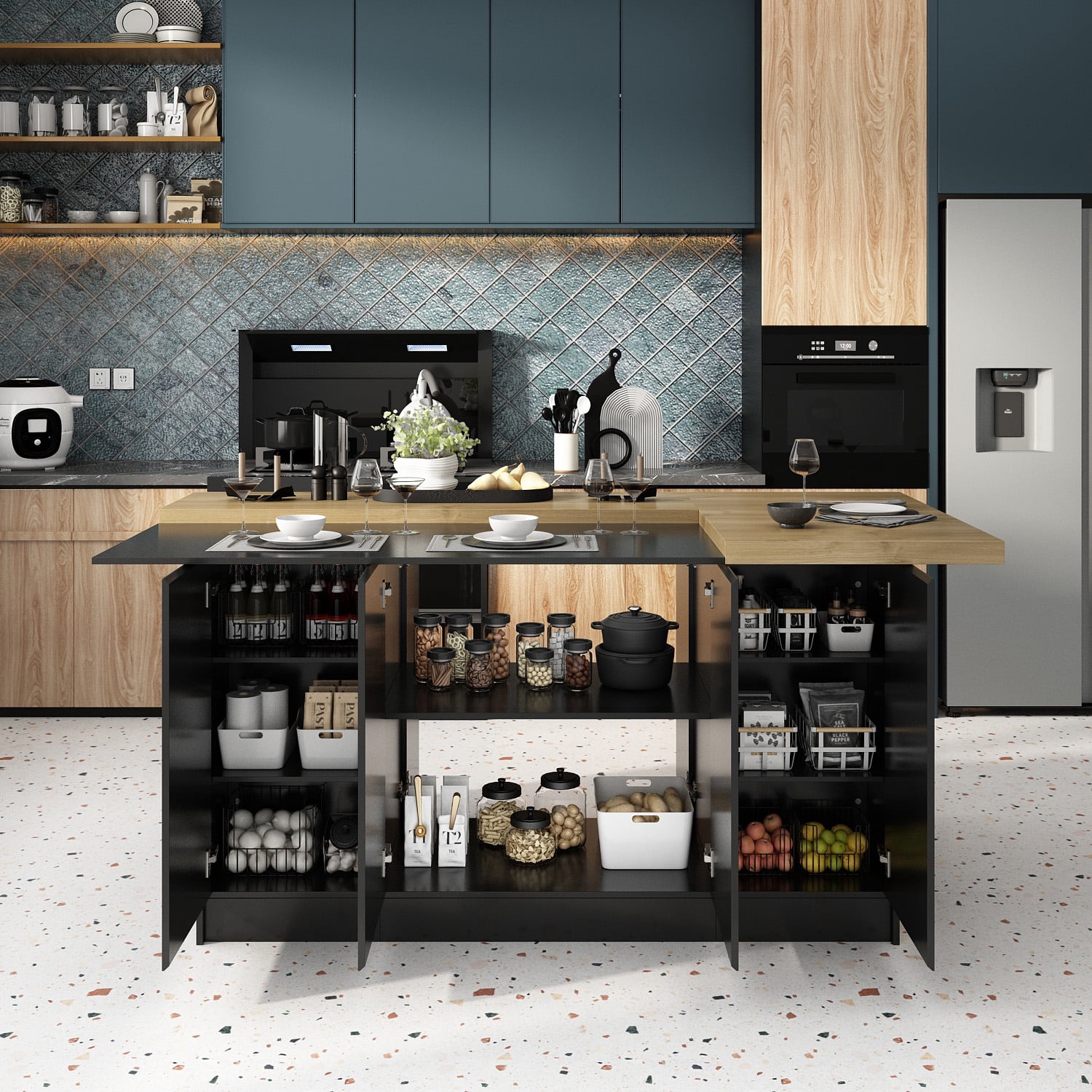KULAGAGA Kitchen Island with Shelves & 6 Doors, Large L-Shape Wood Top Buffet Cabinet, Dining Table with Storage for 4-6 People, Black & Brown