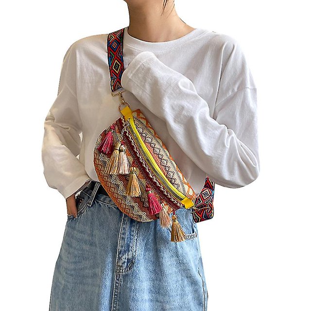 Casual tejido a mano Hobo Crossbody bolsos étnicos de paja borla mujeres bolsas de mensajero