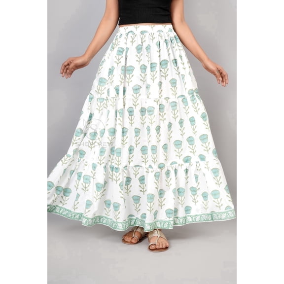 Women White Cotton Maxi Skirt with Mint Green Floral Block Print & Elastic Waist - XS