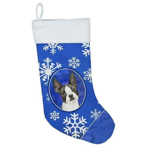 Caroline's Treasures Boston Terrier Winter Snowflakes Multi-color Christmas Stocking, with Soft Suede Fabric 18"
