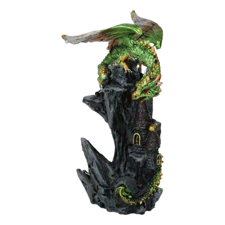 Metallic Golden Green Dragon Guarding Castle Tower On Mountain