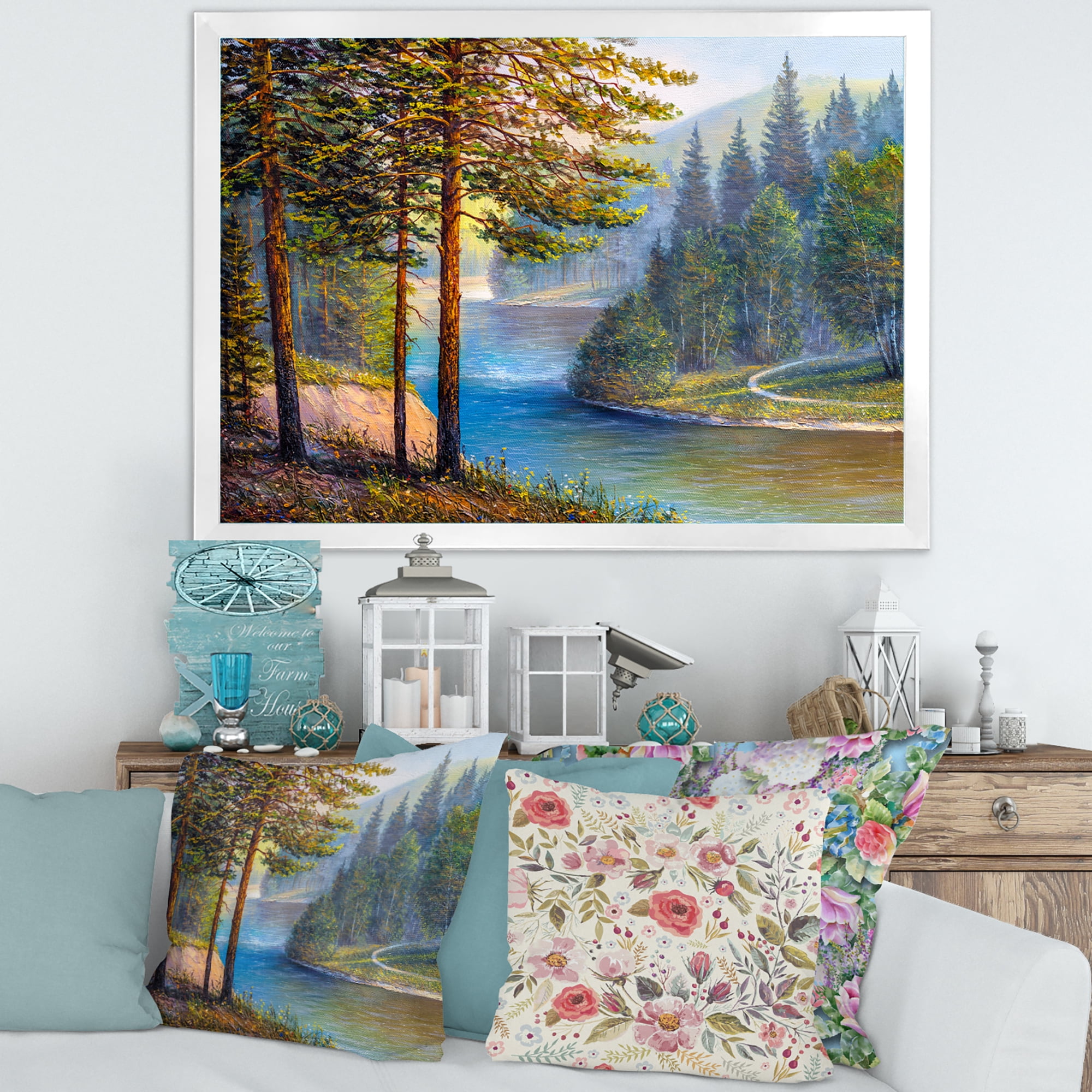 Designart 'Sunrise Glow Through The Pine & Fir Forest' Lake House Framed Art Print