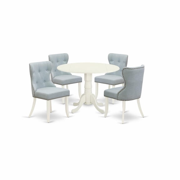 East West Furniture East-West Furniture DLSI5-WHI-15 - A kitchen dining table set of 4 amazing kitchen dining chairs with Linen Fabric Baby Blue color and a beautiful dinner table with Linen White...