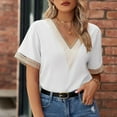 thumbnail image 6 of safuny Women's Trendy Loose Basic Tops Solid Tops Short Sleeve Tees V Neck Shirts Elegant Lace Splicing Vintage Clothing Fashion Summer White XXL, 6 of 8