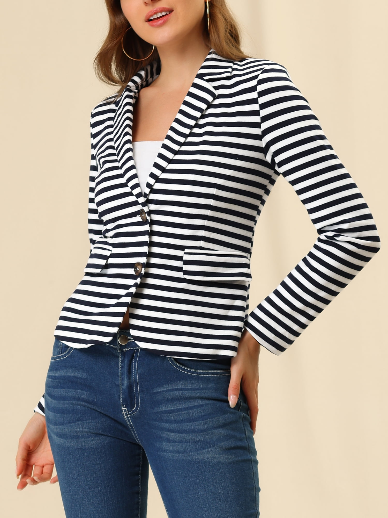 DARING DIVA Women's Striped Notched Lapel Button Closure Blazer L White Navy