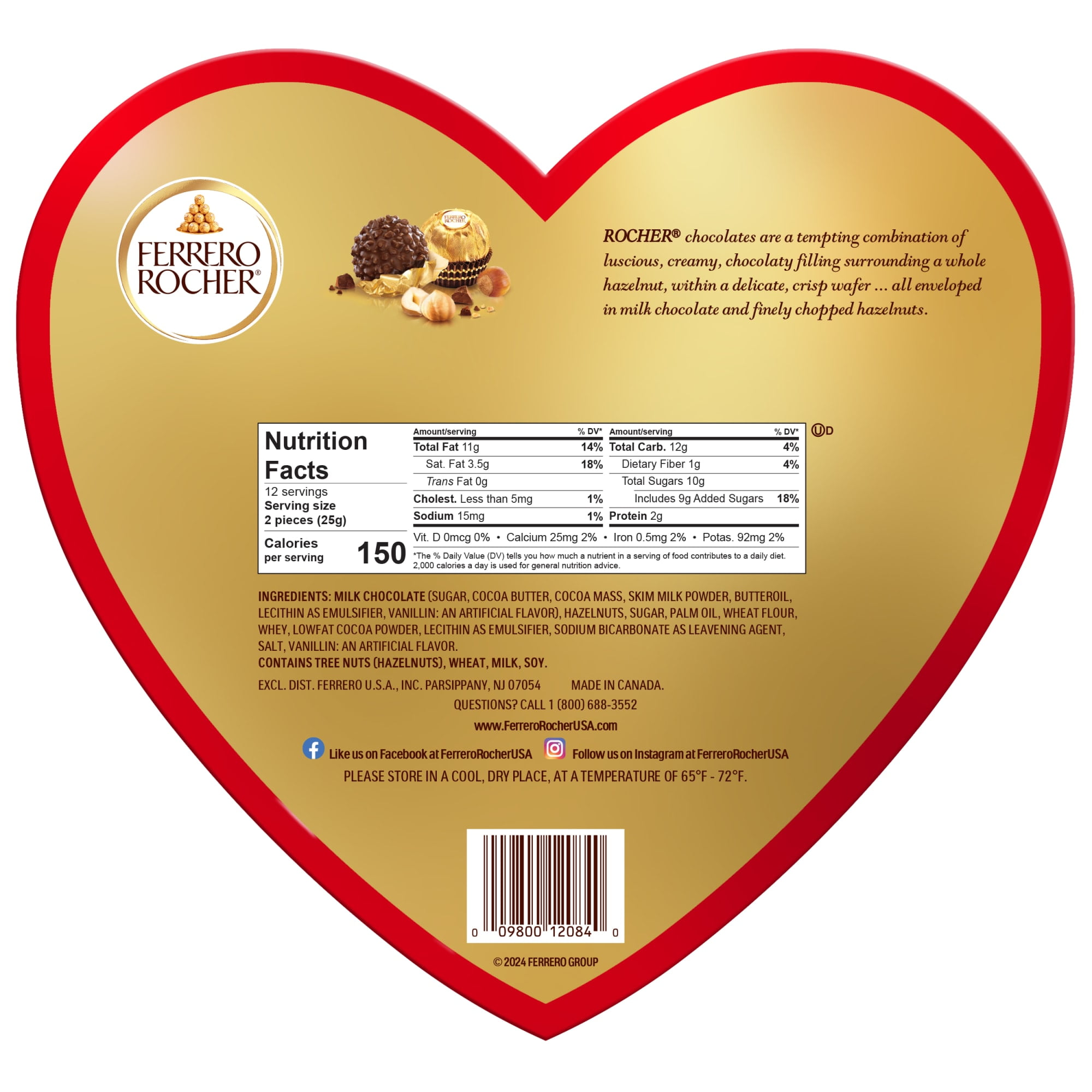 Ferrero Rocher Fine Hazelnut Chocolates, Valentine’s Day Heart Gift Box, 24 Piece Premium Chocolate for Gifting, 10.6 oz