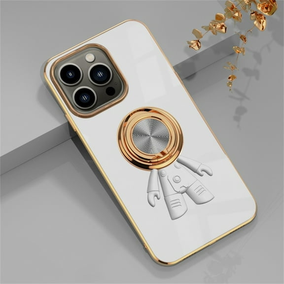 SaniMore for iPhone 15 Pro Max All-Inclusive Electroplating Silicone Magnetic Case, Three Dimensional Astronaut Case with Car Mount & Ring Kickstand Shockproof Protective Cover, White