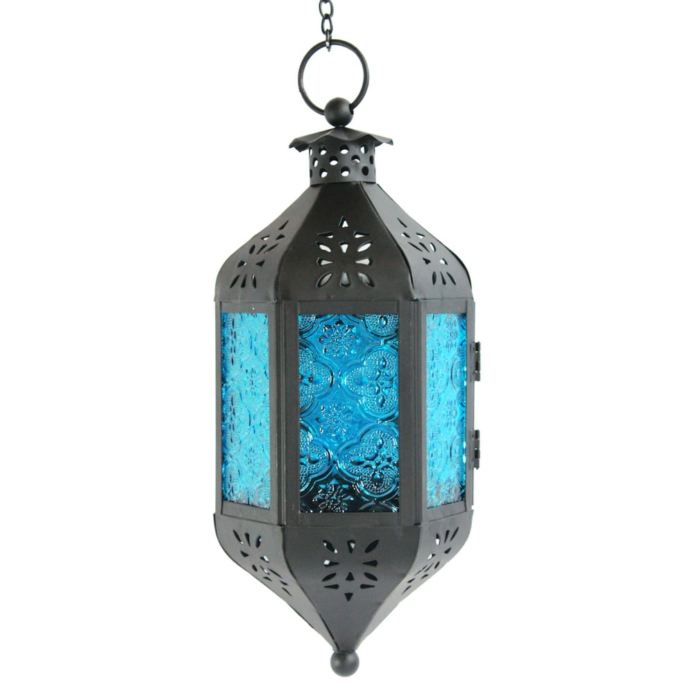 blue glass hanging moroccan candle lantern with chain