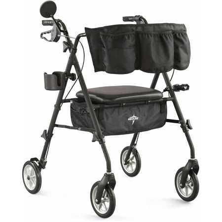 Medline Stealth Rollator, Folding Rolling Walker, 300lb Weight Capacity, 7" Wheels, Matte Black