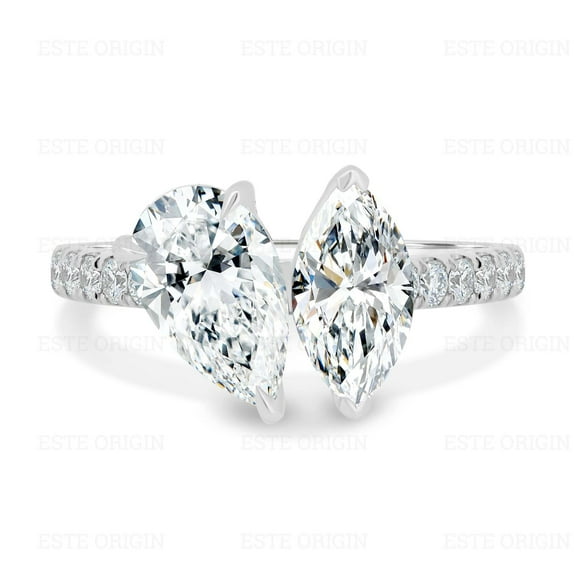 ESTE ORIGIN 2Ct Pear & 2Ct Marquise Moissanite Toi Et Moi Ring – 5 Claw Pavé Cathedral Band in 10K White Gold for Women
