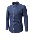 thumbnail image 4 of Mens Button Up Shirts Retro Denim Long Sleeve Spring Shirt Lightweight Casual Turn Down Collar Top Overshirt Style Dark Blue L, 4 of 8
