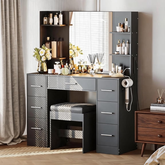 Makeup Vanity Desk with Mirror and Lights, 7 Drawers, Power Outlets, USB Ports, Hair Dryer Holder and Cushioned Stool